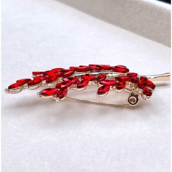 Rose Gold with Ruby Red Crystal Tree Branch with Leaves Pin Back Brooch - Picture 5 of 9